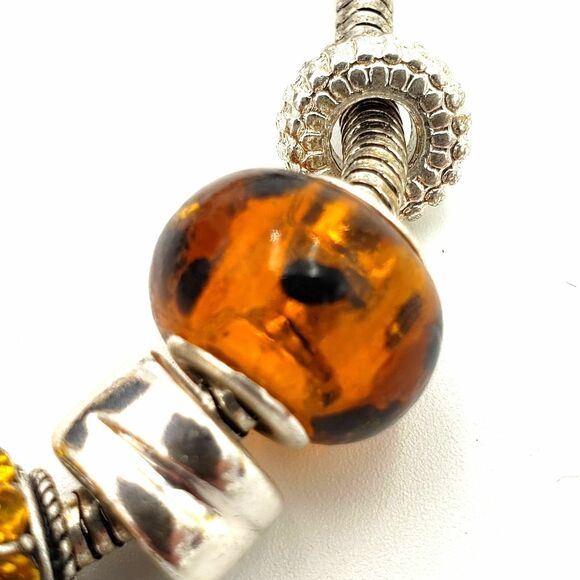 Silver Tone Glass Bead Charm Bracelet Honey Gold Cream Brown Neutral Chunky - Picture 6 of 7